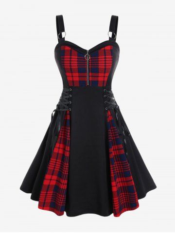 Gothic Plus Size Plaid Colorblock Print Lace Up Half Zipper Patchwork Fit and Flare Dress