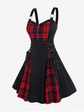 Plus Size Plaid Colorblock Print Lace Up Half Zipper Patchwork Fit and Flare Dress - BLACK - S | US 8