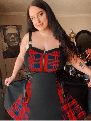 Gothic Plus Size Plaid Colorblock Print Lace Up Half Zipper Patchwork Fit and Flare Dress