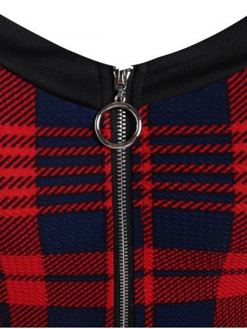 Gothic Plus Size Plaid Colorblock Print Lace Up Half Zipper Patchwork Fit and Flare Dress