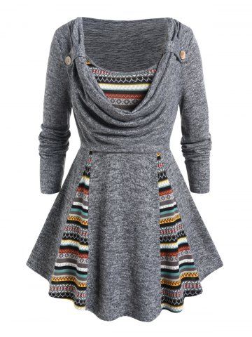 Plus Size Colored Ethnic Striped Print Godet Draped Long Sleeve Top - GRAY - L