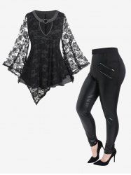Plus Size Lace Flare Sleeves Keyhole Asymmetric Top and Faux Leather Panel Leggings Outfits -  