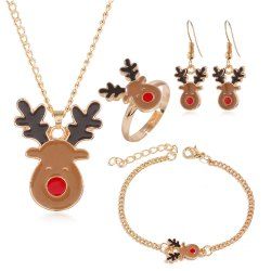 4Pcs Christmas Deer Pendant Necklace Earrings Bracelet Ring Set -  