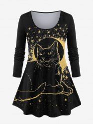 Plus Size Cat Print Starry Print T-shirt -  