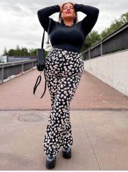 Pantalon Évasé Taille Haute à Imprimé Floral Grande-Taille - Noir 1X