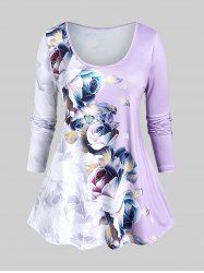 T-shirt à Imprimé 3D Fleur de Grande Taille à Manches Longues - Violet clair L | US 12