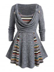 Haut Drapé à Imprimé Ethnique Rayé Coloré de Grande Taille à Manches Longues - Gris L