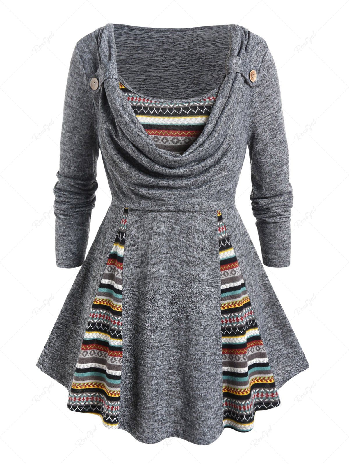 Haut Drapé à Imprimé Ethnique Rayé Coloré de Grande Taille à Manches Longues Gris L