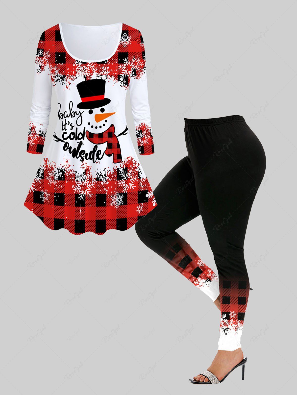 Sale Snowman Plaid Print Graphic T-shirt and High Rise Leggings Christmas Plus Size Outfit  