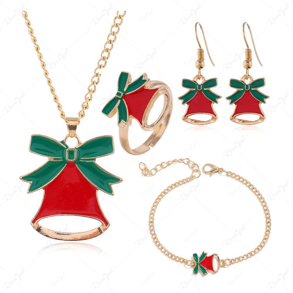 Store 4Pcs Christmas Bell Pendant Necklace Earrings Bracelet Ring Set  