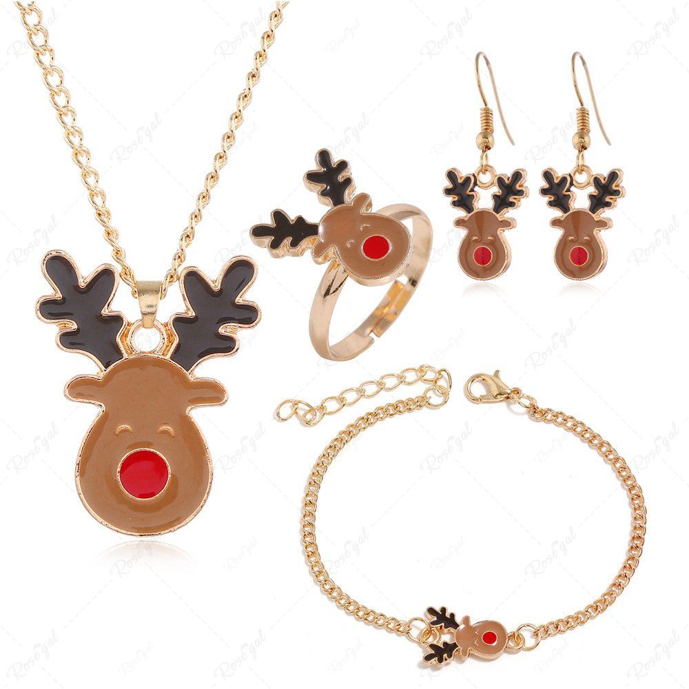 Chic 4Pcs Christmas Deer Pendant Necklace Earrings Bracelet Ring Set  