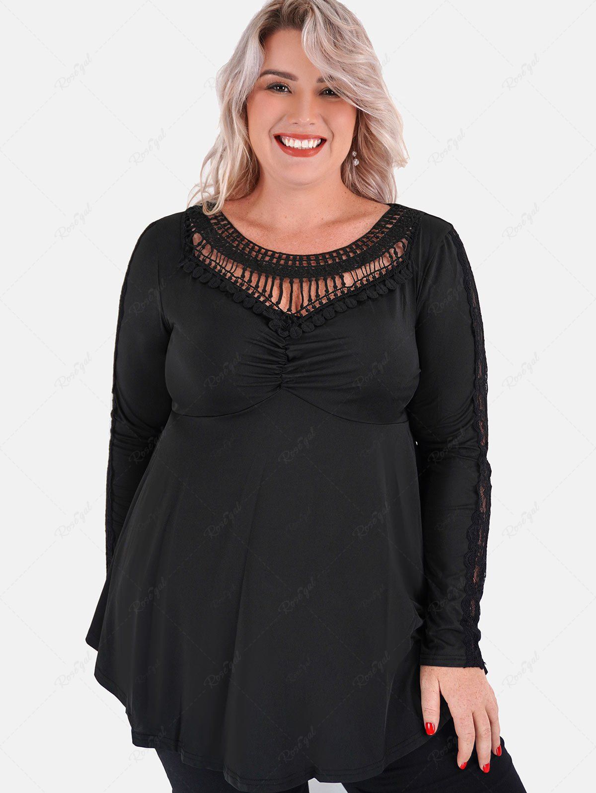 Sale Plus Size Ruched Crochet Trim Skirted Tee  