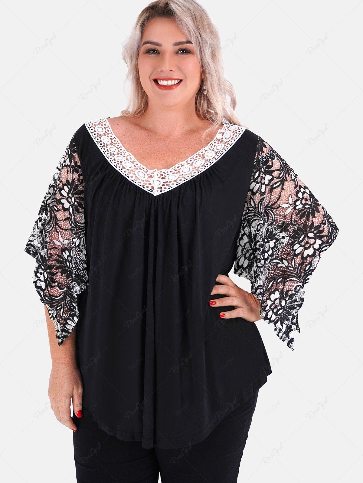 Sale Plus Size Lace Panel Batwing Sleeves Two Tone Tee  