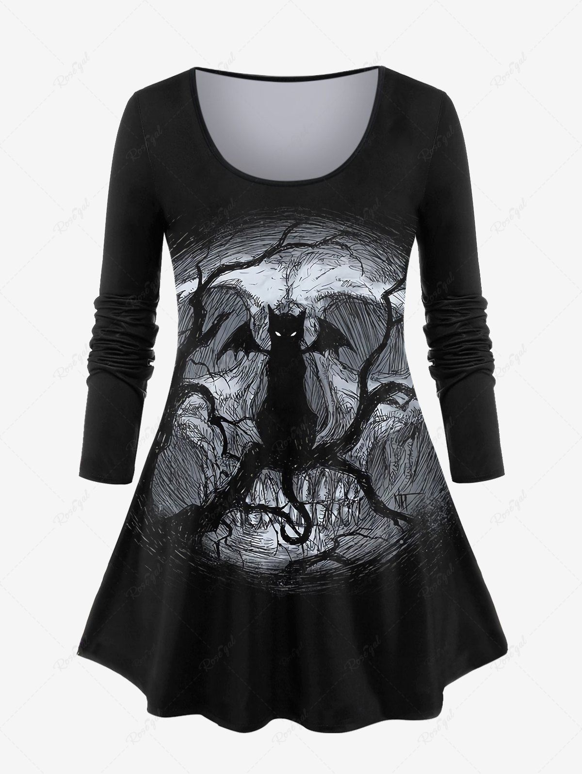 Outfit Plus Size Cat Bat Branch Print T-shirt  