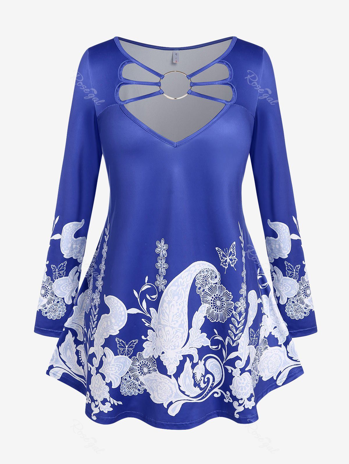 Latest Plus Size Paisley Flower Print O Ring Cutout T Shirt  