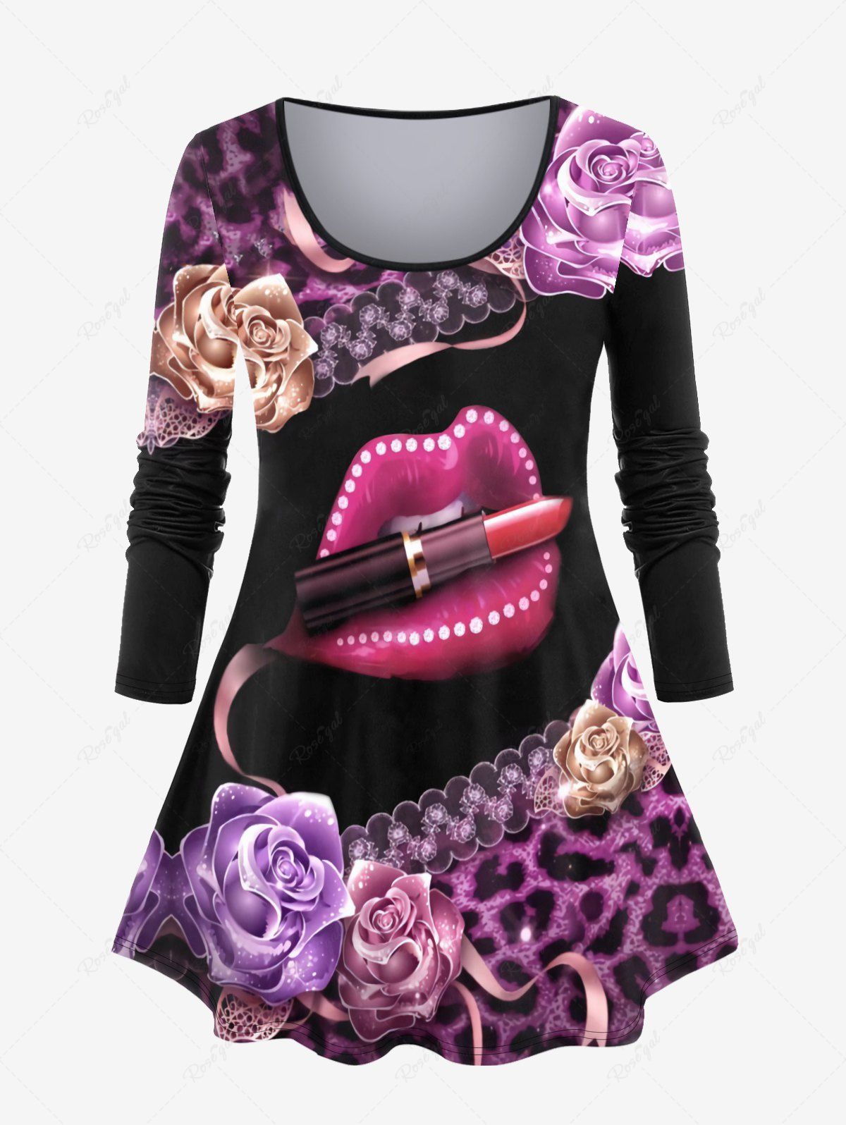 Outfit Plus Size Floral Leopard Lip Lipstick Print T-shirt  
