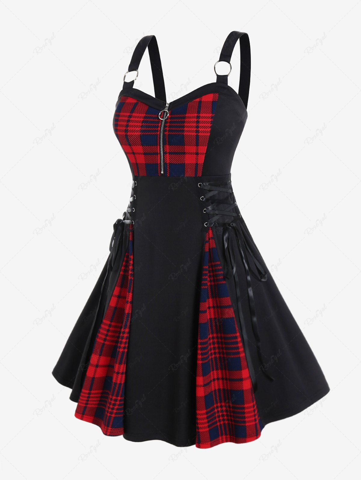 Trendy Lace Up Plaid Half Zipper Fit and Flare Gothic Dress  