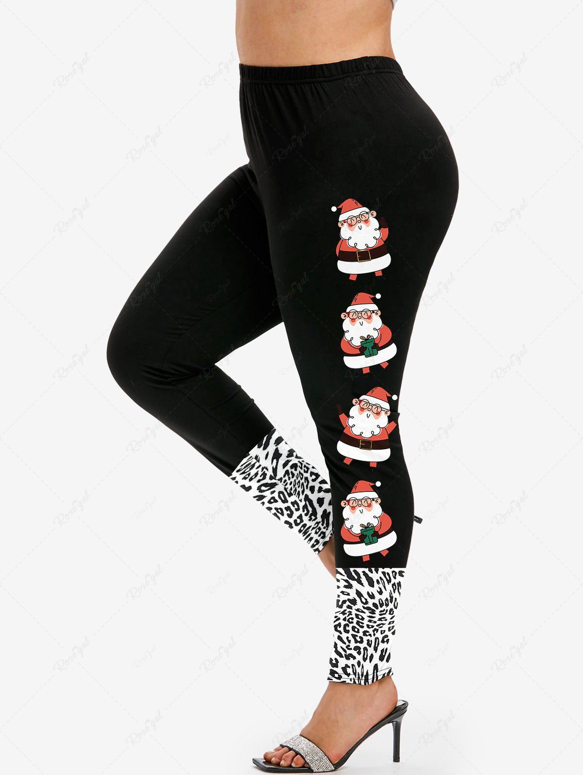 Legging de Noël à Imprimé Léopard Père Noël de Grande Taille Noir 5x | US 30-32
