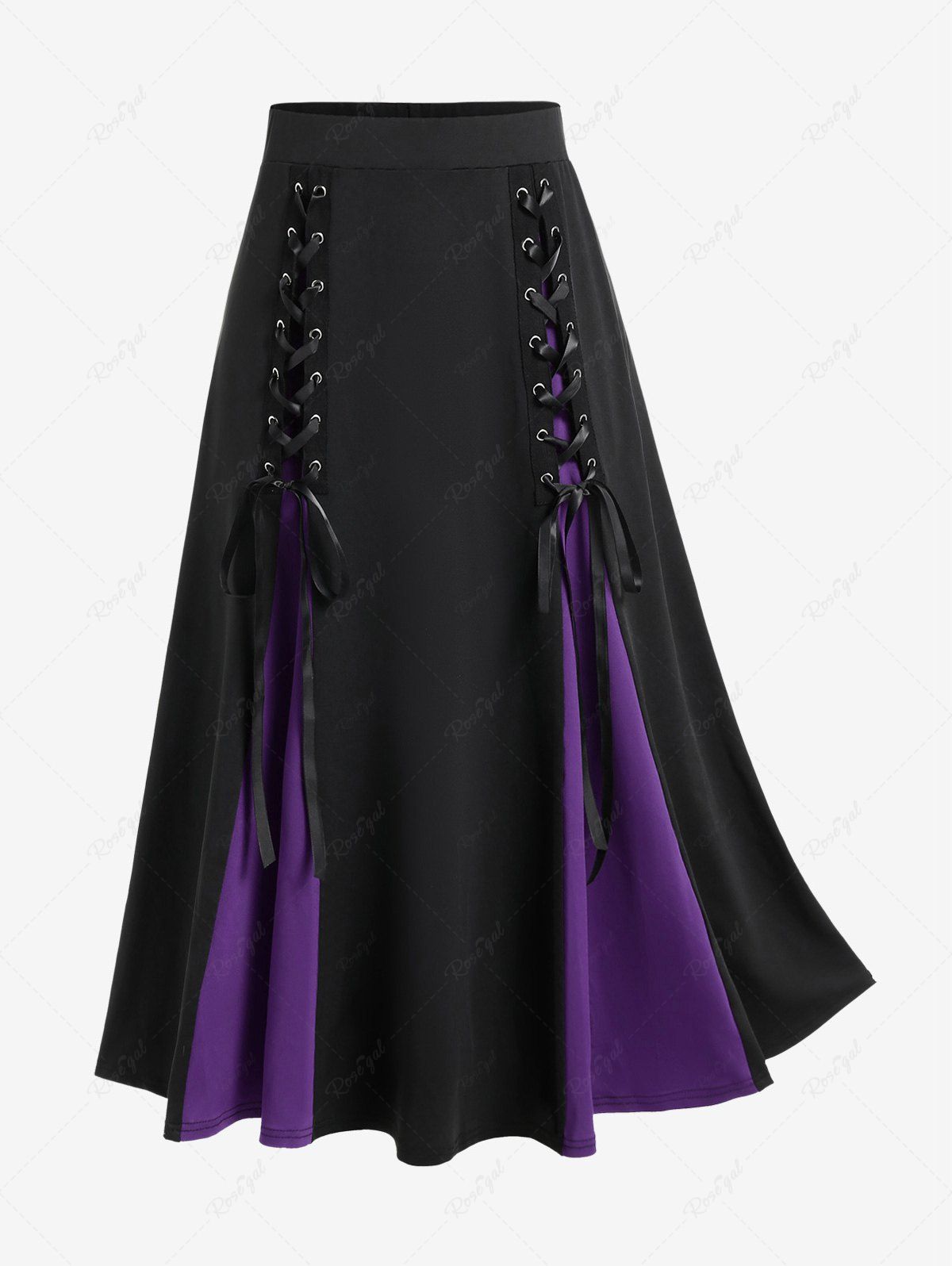 Outfit Gothic Lace Up Two Tone Godet Hem Midi A Line Skirt  