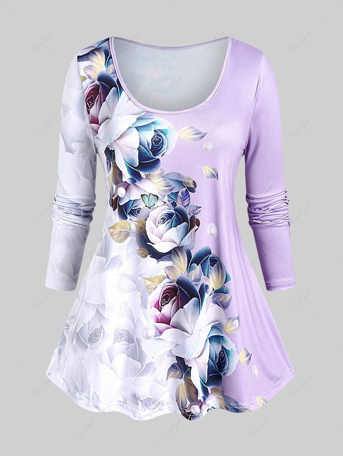 Hot Plus Size 3D Flower Pearls Printed Long Sleeves T-shirt  