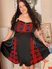 Gothic Plus Size Plaid Colorblock Print Lace Up Half Zipper Patchwork Fit and Flare Dress -  