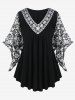 Plus Size Lace Panel Batwing Sleeves Two Tone Tee -  