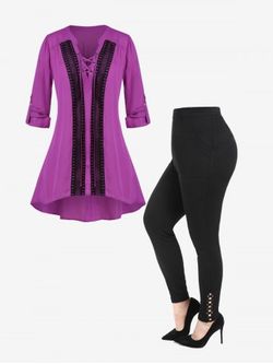 Lace Crochet Roll Tab Sleeve High Low Blouse and Pockets Skinny Plus Size Outfit - PURPLE