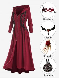 Gothic Hooded Lace Up Zipper High Low Maxi Coat and Accessories Outfit - DEEP RED
