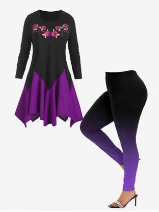 Ensemble Outerwear de Tricot Mouchoir Bicolore Floral Brodé et Legging Ombré de Grande Taille