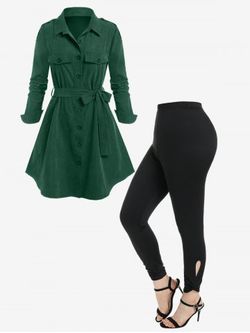 Epaulet Single Breasted Belted Tunic Coat and High Rise Cutout Twist Leggings Plus Size Outerwear Outfit - GREEN