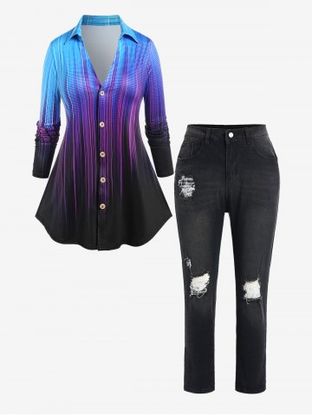 Plus Size Light Beam Print Ombre Color Button Up Shirt and Pencil Jeans Outfit