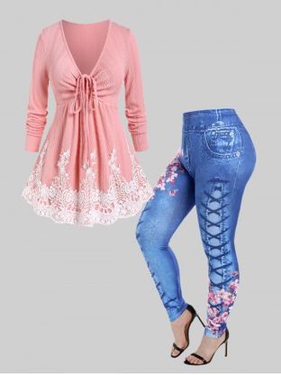 Contrast Lace Panel Cable Knit Tie Plunging Sweater and High Waist Floral 3D Lace Up Denim Print Jeggings Plus Size Outfit