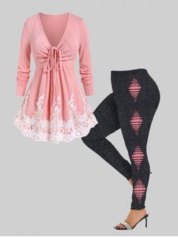 Contrast Lace Panel Cable Knit Tie Plunging Sweater and High Waist 3D Ripped Print Leggings Plus Size Outfit - LIGHT PINK