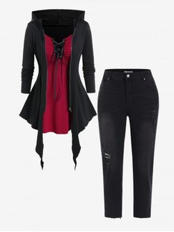 Gothic Lace Up Full Zipper Hooded Asymmetric Twofer Tee and Pencil Jeans Outfit - RED