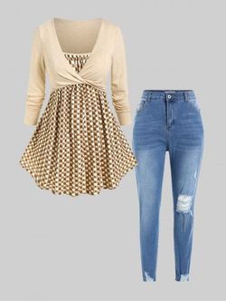 Plus Size Polka Dot Cross Long Sleeves Tunic Twofer Tee and Ripped Pencil Jeans Outfit - MULTI