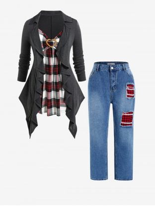 Plus Size Plaid Faux Twinset Ruffled Asymmetric Tee and High Waisted Jeans Outfit