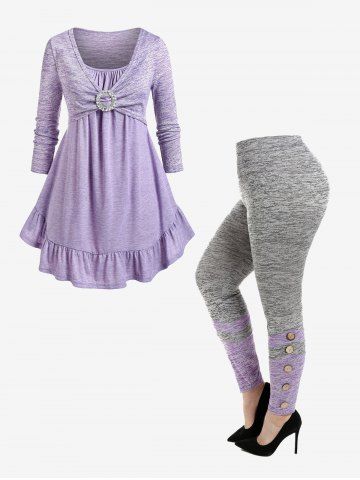 Plus Size O Ring Flounce Marled T Shirt and Space Dye Colorblock Leggings Outfits - LIGHT PURPLE