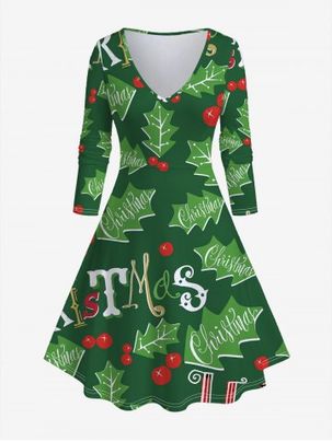 Plus Size Christmas Leaf Print A Line Dress