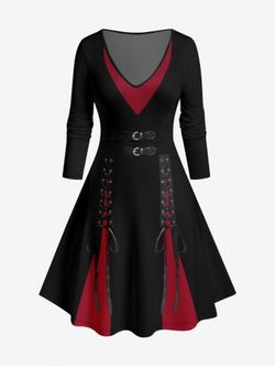 Plus Size Two Tone 3D Buckle Lace-up Print Dress - BLACK - 1X | US 14-16