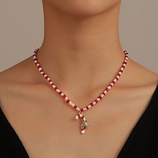 Christmas Gift Beads Candy Cane Pendant Necklace