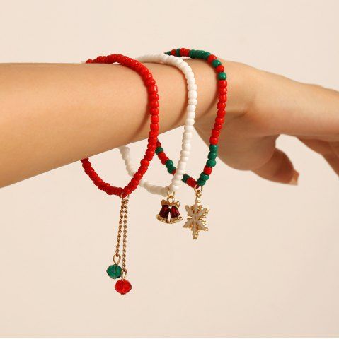 3Pcs Christmas Colorful Beads Snowflake Bell Bracelets - MULTI