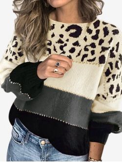 Plus Size Leopard Pattern Colorblock Sweater - GRAY - 3XL