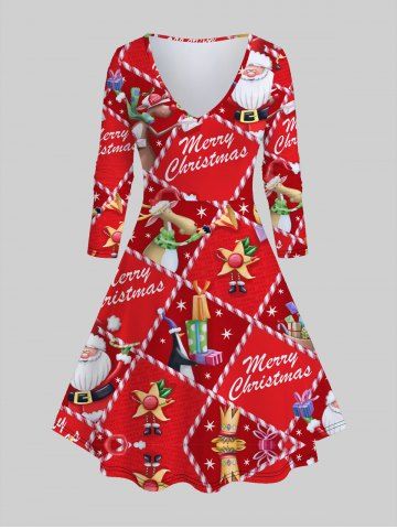 Plus Size Christmas Santa Claus Gift Print A Line Dress - RED - 1X | US 14-16