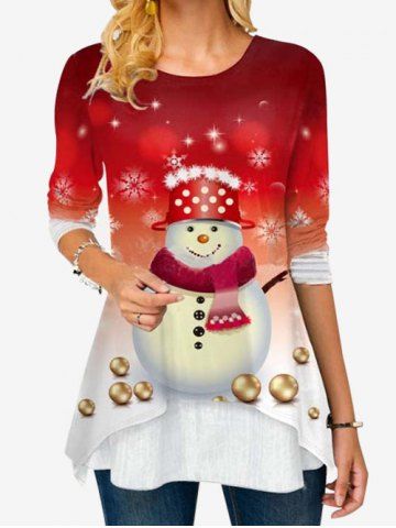Plus Size Christmas Snowman Print Long Sleeve Tunic Tee - RED - 2XL