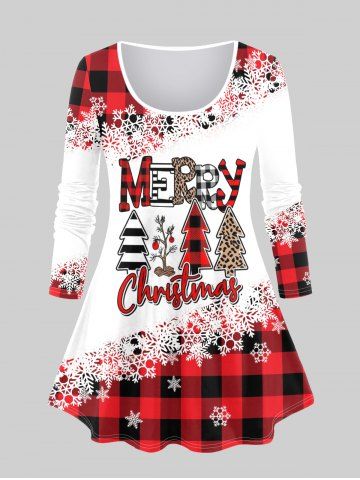 Plus Size Christmas Snowflake Checked Tree Print T-shirt - RED - 1X | US 14-16