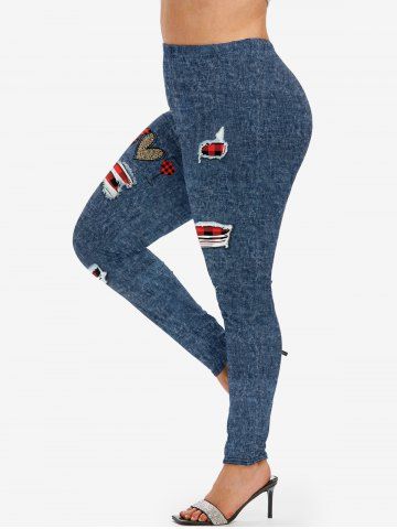Plus Size 3D Ripped Checked Heart Gesture Print Leggings - DEEP BLUE - 5X | US 30-32
