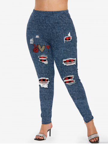 Plus Size 3D Ripped Checked Heart Gesture Print Leggings