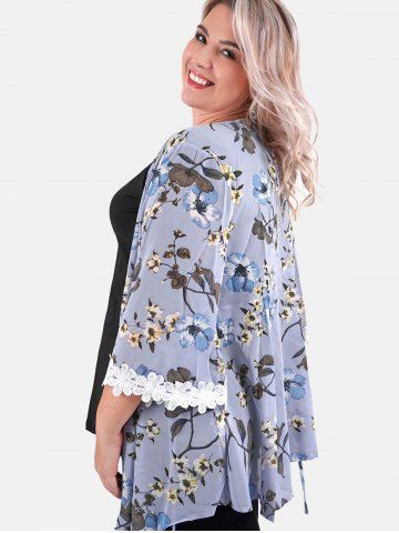 Plus Size & Curve Floral Print Front Tie Kimono - LIGHT PURPLE - M | US 10