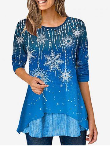 Plus Size Allover Printed Long Sleeve Tunic Tee - BLUE - L