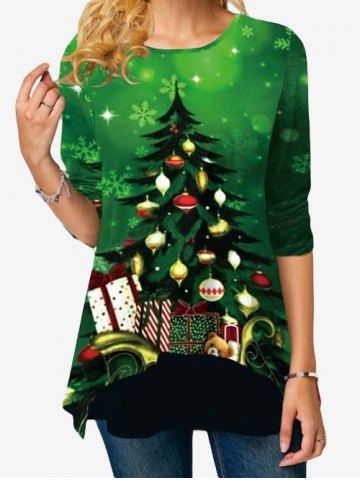 Plus Size Christmas Tree Gift Print Long Sleeve Tunic Tee - GREEN - 4XL